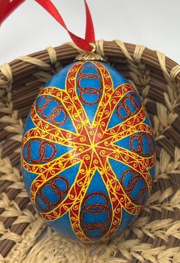 Red and Gold Flower Egg Ornament: Batik Chicken Eggshell Art